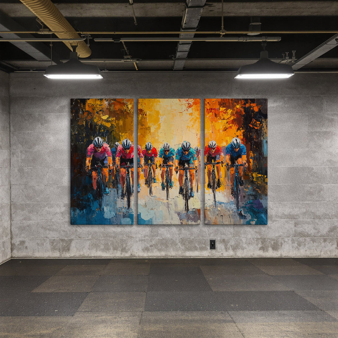 Canvas Print of cyclists in action, impressionist style, warm orange & blue color palette, perfect for modern decor.