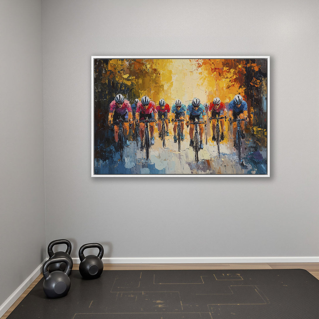 Framed Wall Art: Cyclists racing, impressionist style, vibrant warm & cool color palette. Perfect for home gym decor.