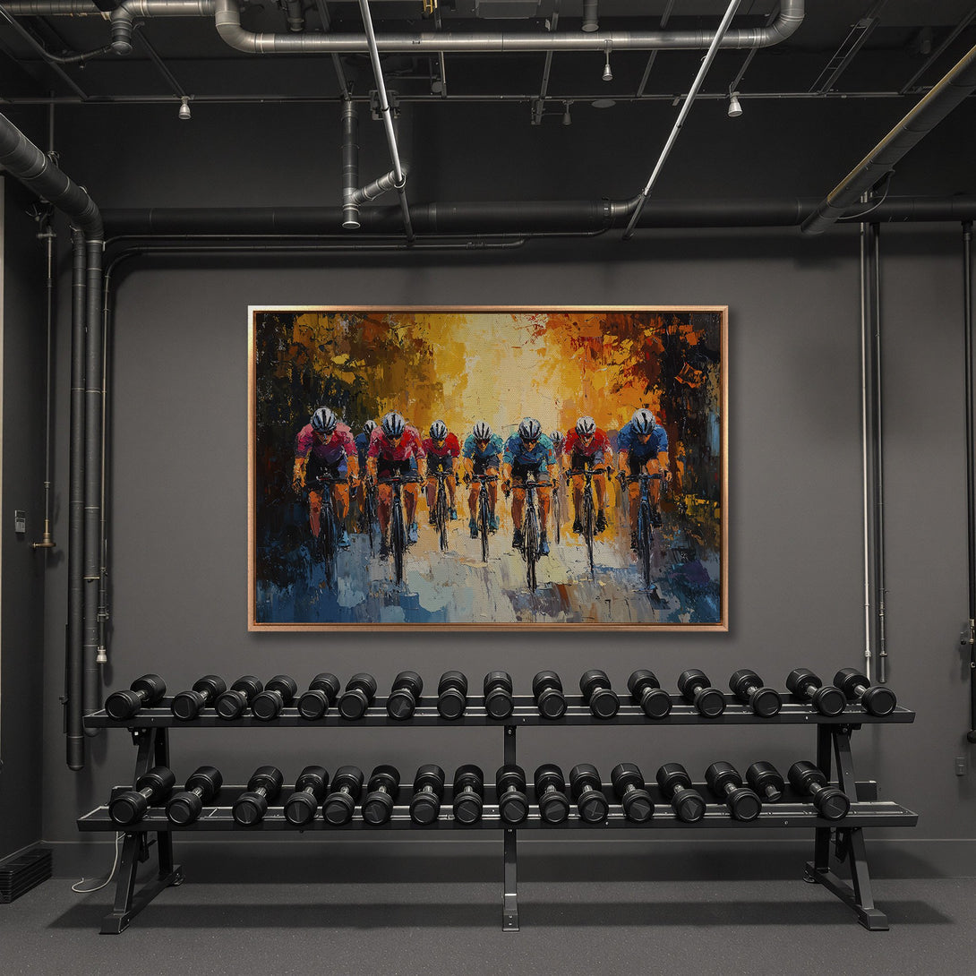 Framed Wall Art: Cyclists racing, impressionist style, vibrant orange & blue palette. Perfect for gym or home decor. Shop now!
