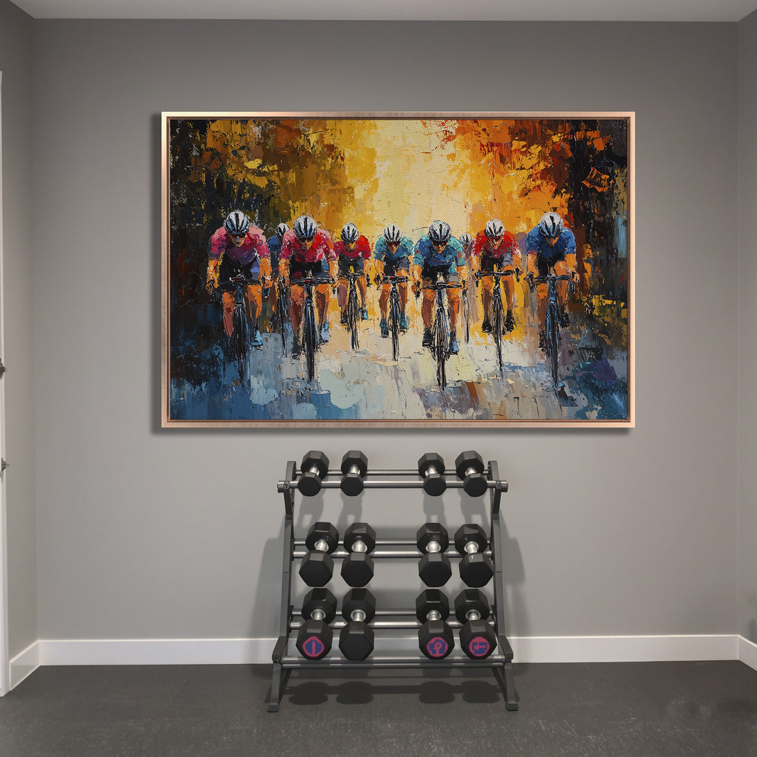 Framed Wall Art: Abstract cyclists painting in vibrant orange, yellow, and blue hues. Modern art for home or gym decor.