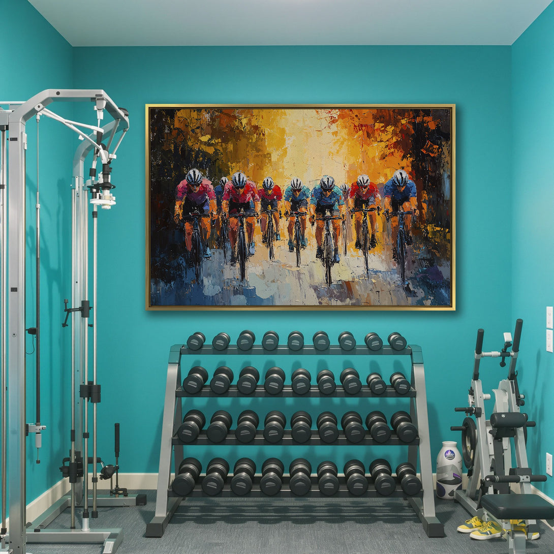 Canvas Print of cyclists racing. Abstract style with vibrant orange, yellow, and blue hues. Perfect wall art for a modern interior.