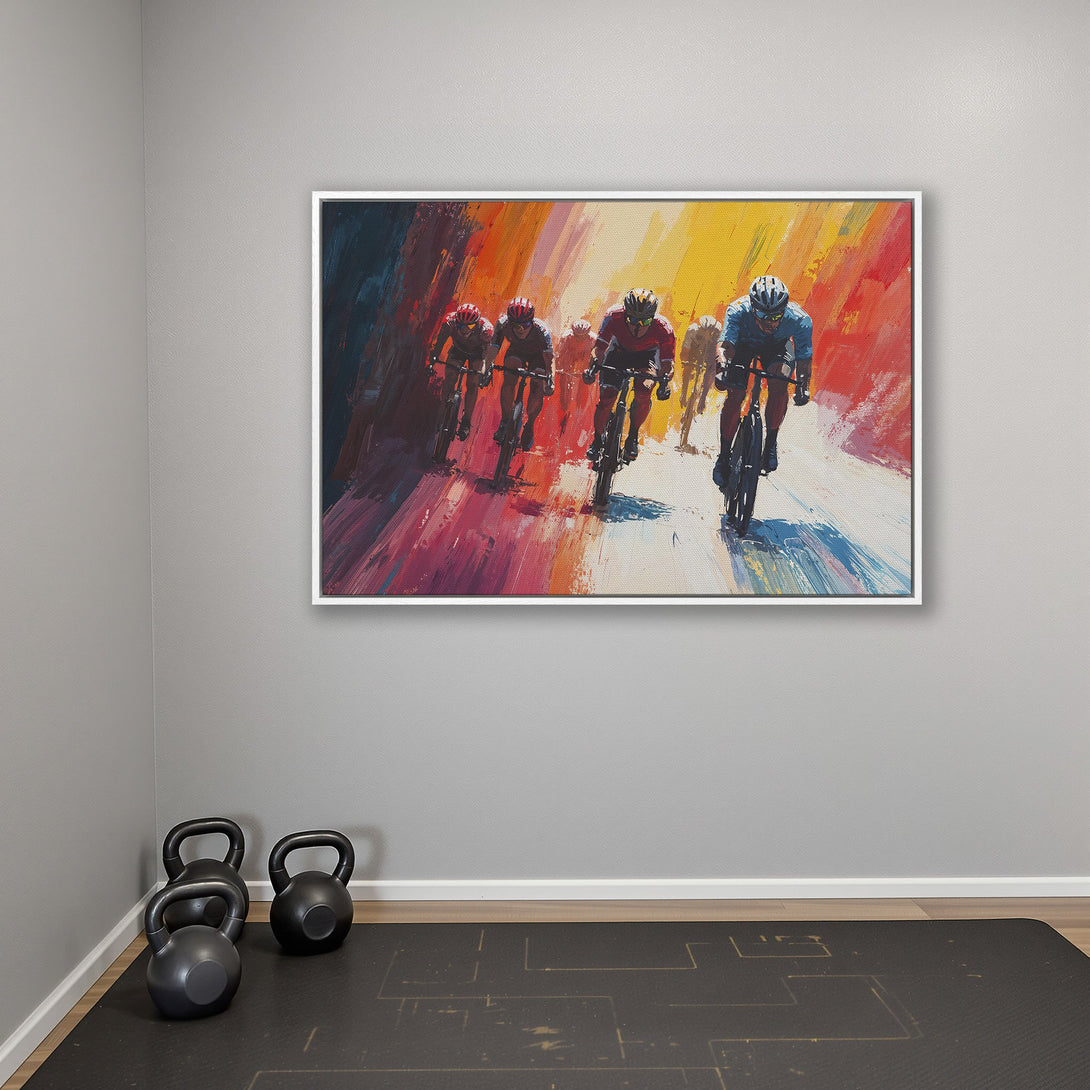 Framed Wall Art: Cyclists racing, vibrant abstract style with red, orange, and yellow hues. Perfect for adding energy to your home gym or office!