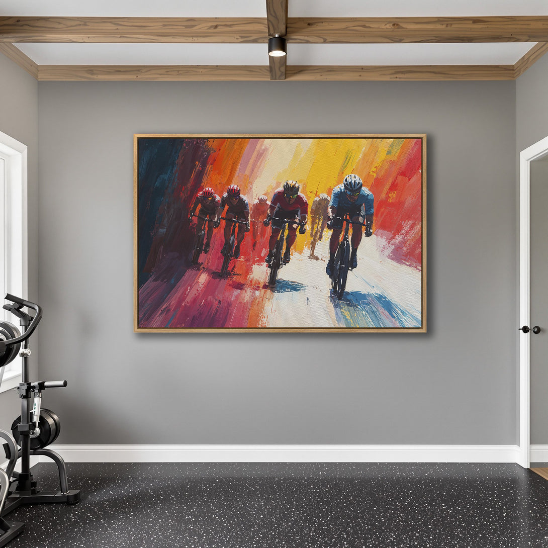 Framed Wall Art: Abstract cycling art in vibrant colors. Modern canvas print adds energy to any space. Bold reds, yellows, and blues create a dynamic scene.