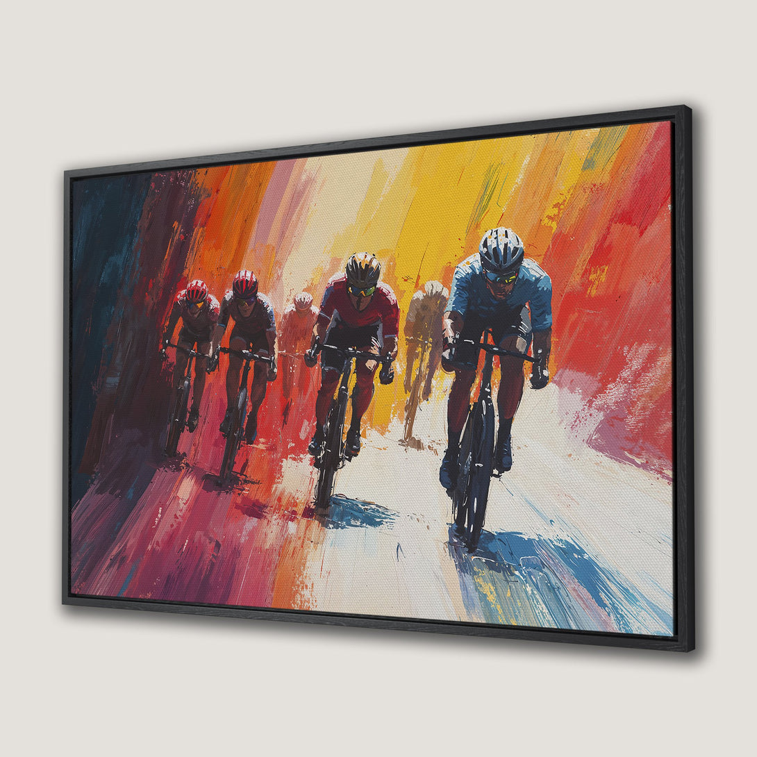 Framed Wall Art: Abstract cycling art print with vibrant red, orange, and yellow color palette. Perfect for modern home decor.