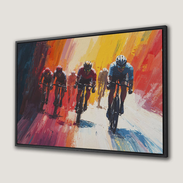 Framed Wall Art: Abstract cycling art print with vibrant red, orange, and yellow color palette. Perfect for modern home decor.
