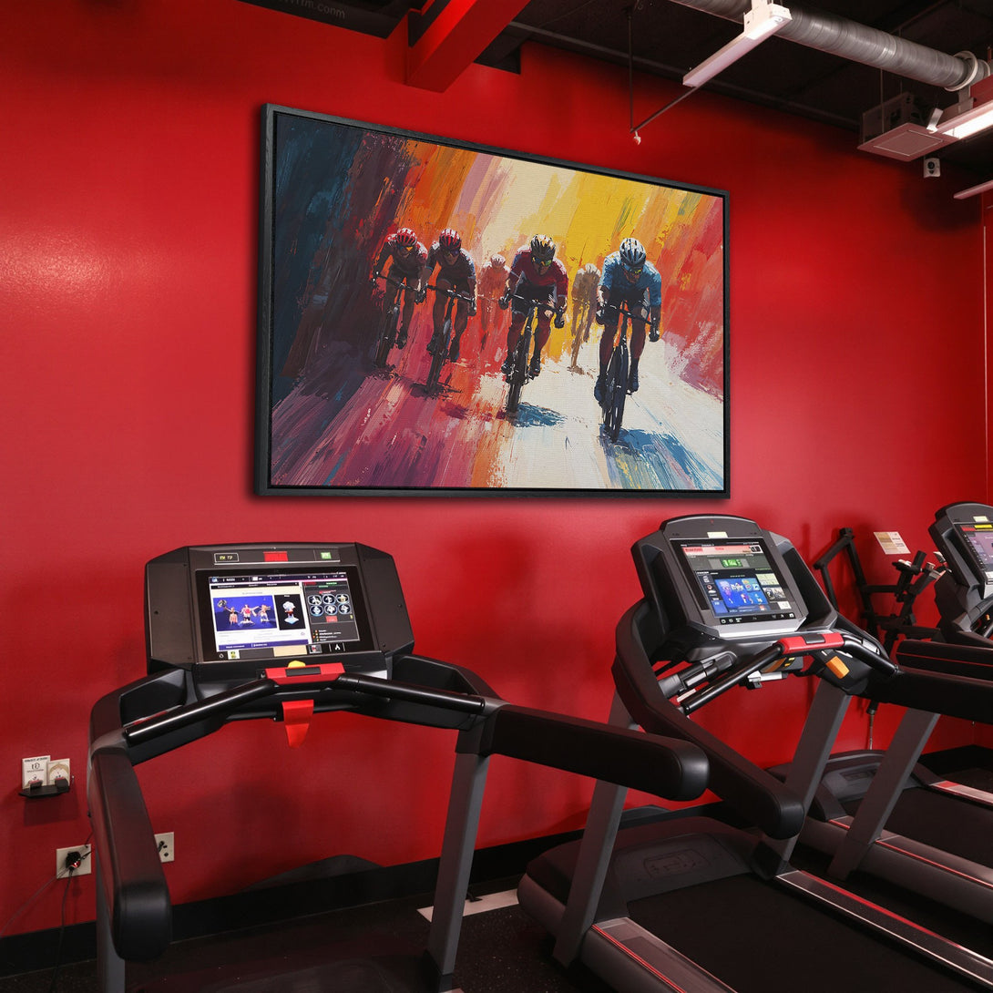Framed Wall Art: Abstract cycling art with vibrant colors. Perfect for home or gym decor. Add energy to your space with this stunning Canvas Print.