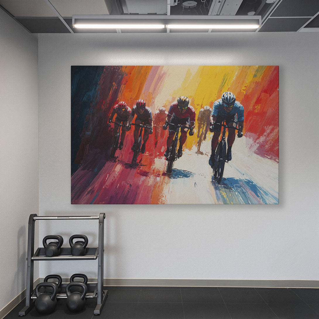 Framed Wall Art: Abstract cycling art print with vibrant red, orange, and yellow hues. Perfect for adding energy to your home gym or any space!