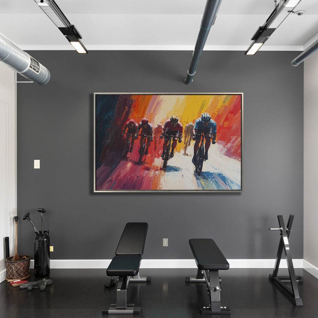 Framed Wall Art: Abstract cycling art with vivid colors. Modern, colorful canvas print perfect for home or gym decor. Add energy to your space!