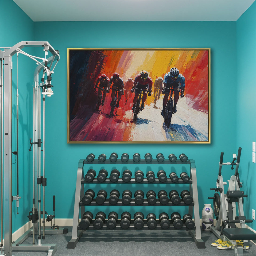 Canvas Print of cyclists in motion, vibrant abstract art with a warm, colorful palette. Perfect for your home gym or office!
