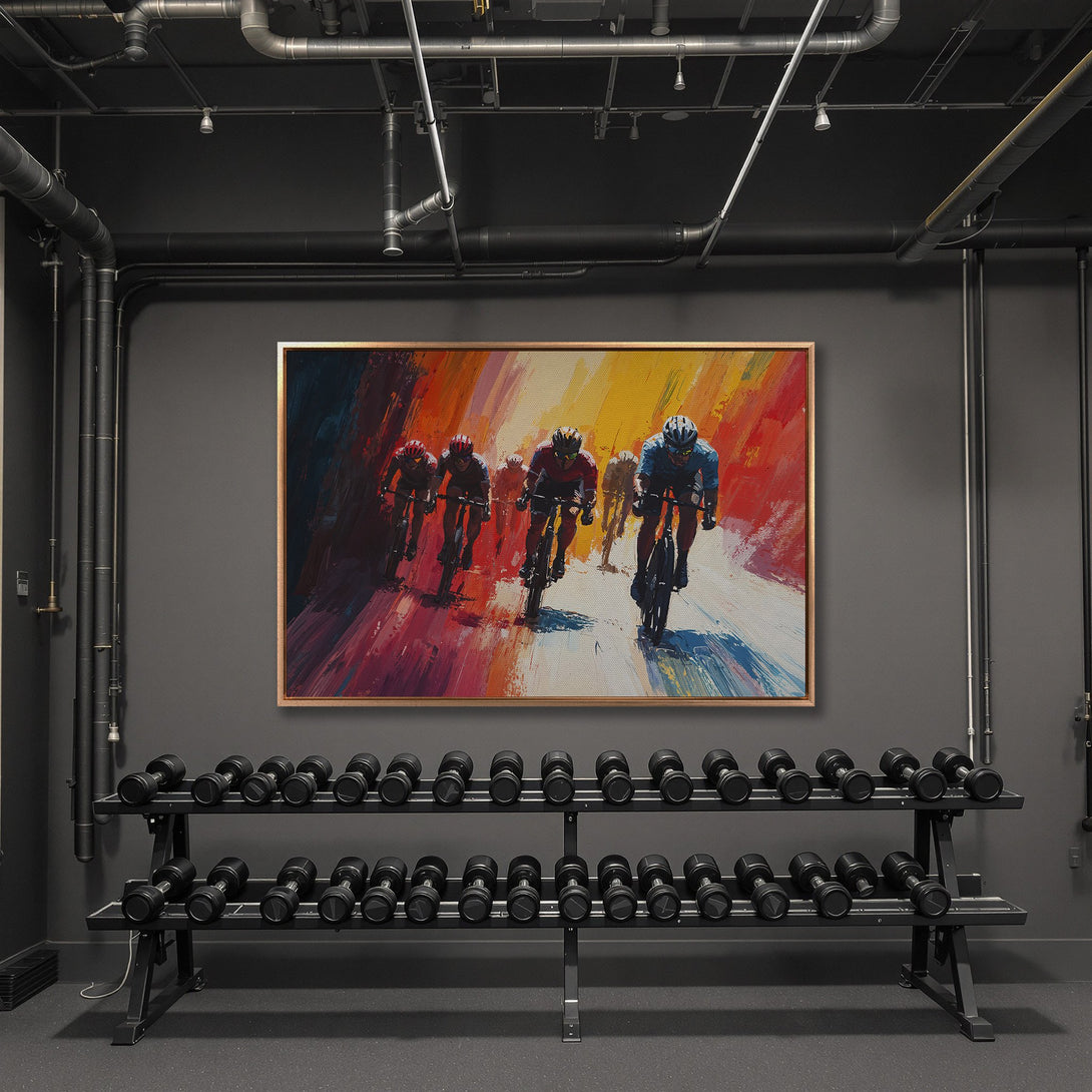 Framed Wall Art featuring cyclists in vibrant, abstract style with a warm, colorful palette. Perfect for adding energy to your space!