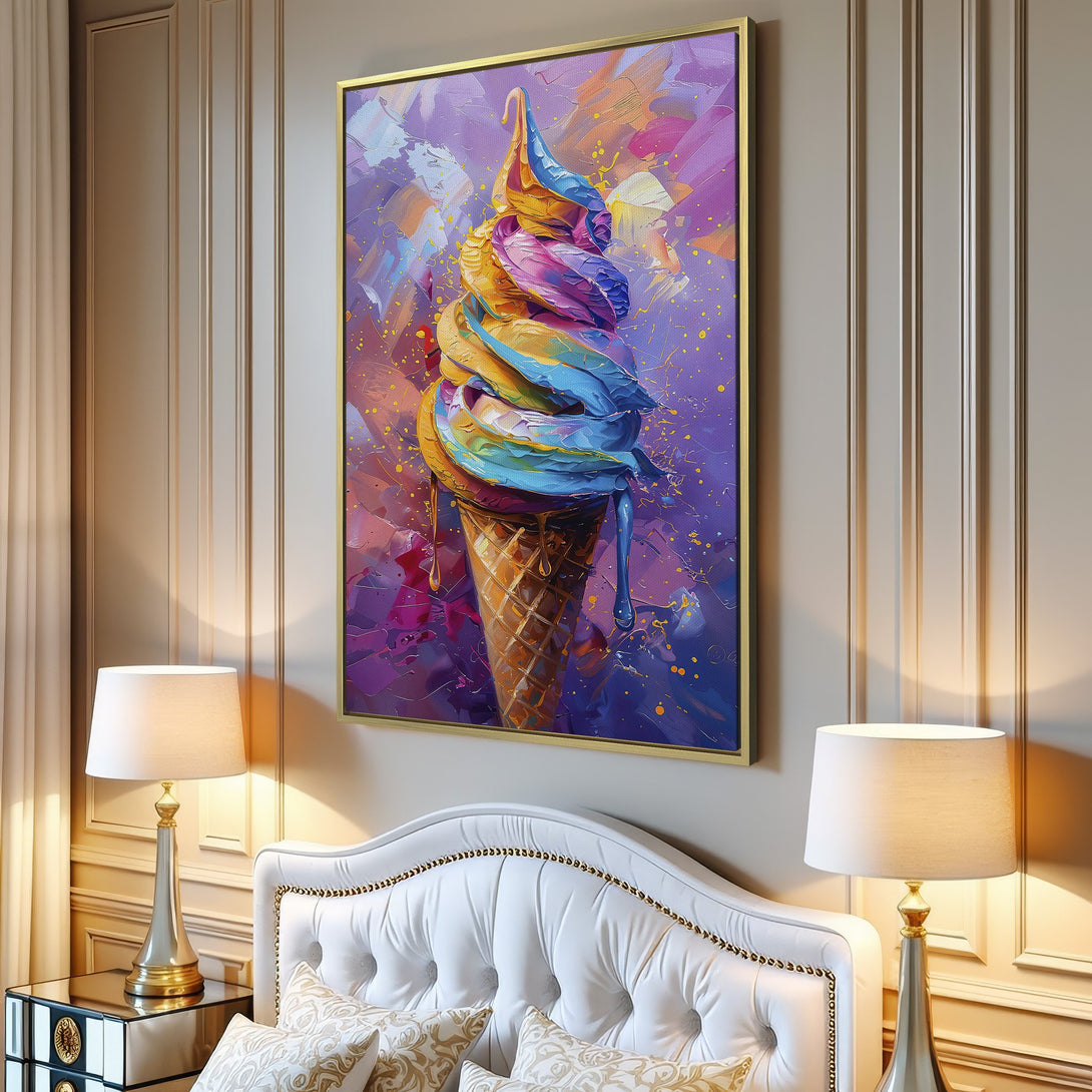 Canvas Print of a colorful ice cream cone in an abstract, impressionistic style. Features a vibrant purple, yellow, and blue color palette. Perfect wall art!