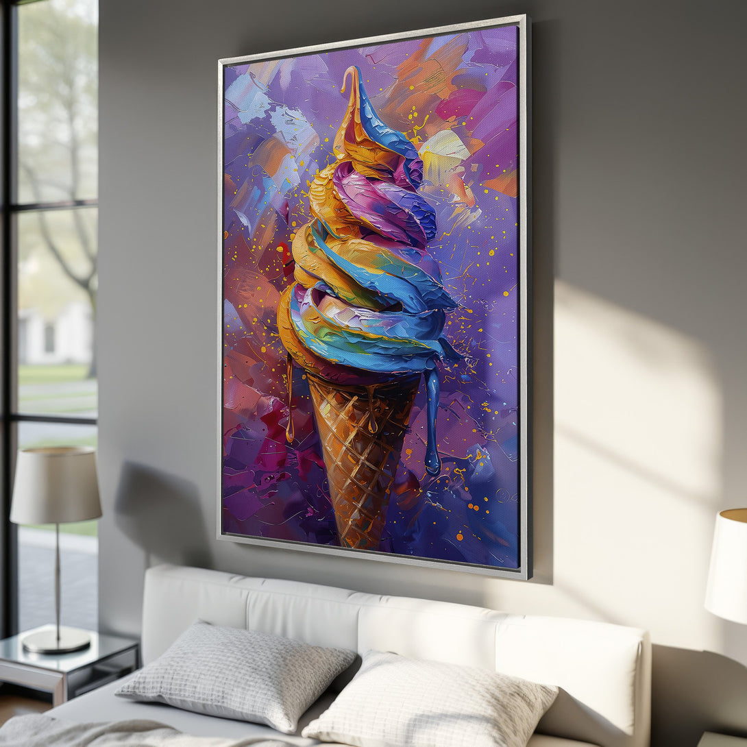 Framed Wall Art: Abstract ice cream cone painting in vibrant blues, purples, and oranges. Modern art for a colorful home.