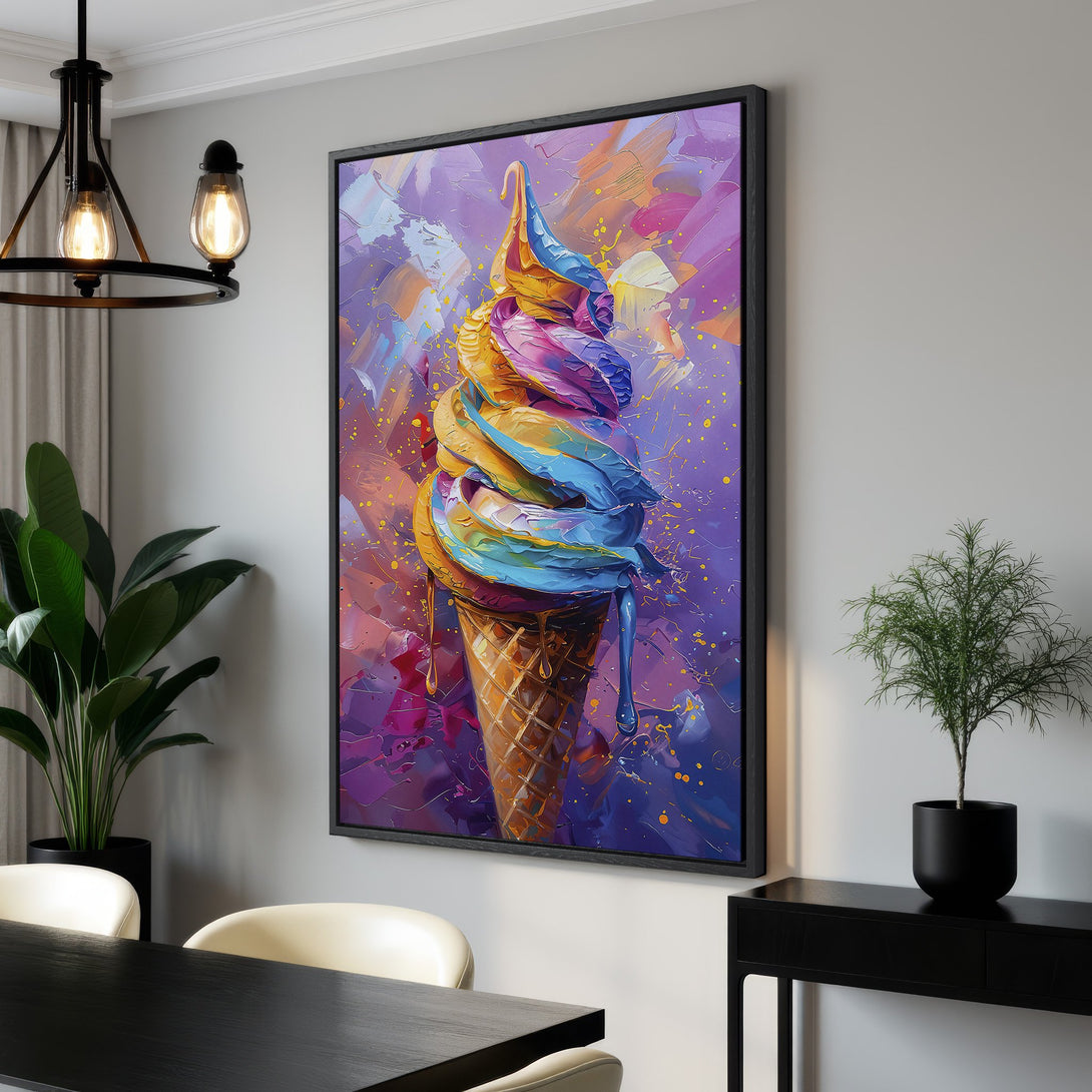 Framed Wall Art: Colorful ice cream cone painting in a modern, abstract style. Vibrant purple, blue, and yellow palette. Perfect for kitchen or dining room decor.