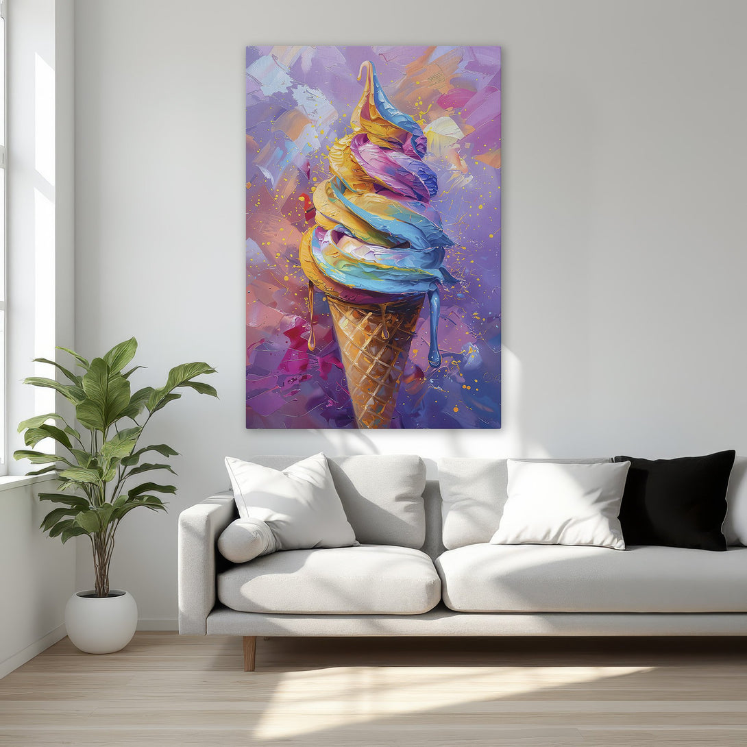 Framed Wall Art: Abstract ice cream cone painting in vibrant blues, purples, and yellows. Add a pop of color to your space with this stunning artwork.