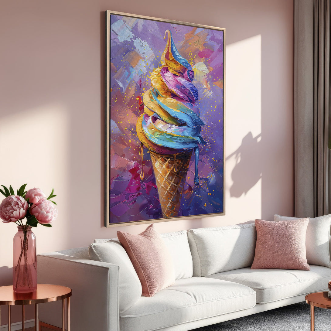 Framed Wall Art: Colorful abstract ice cream cone painting. Vibrant blues, purples, and yellows. Perfect for adding a pop of color to any room!