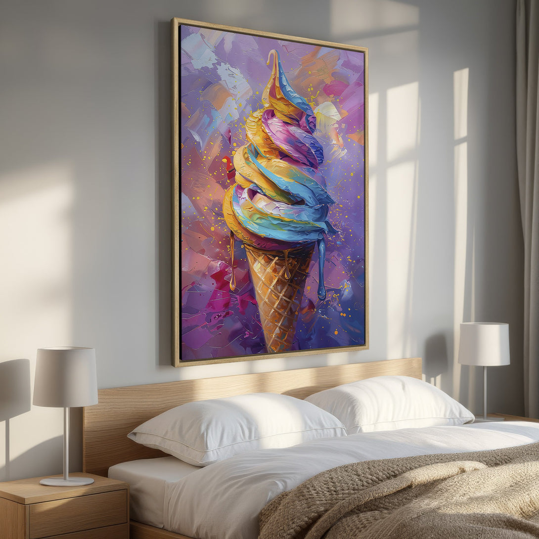 Framed Wall Art: Colorful ice cream cone painting in a bedroom. Abstract style with a vibrant purple, yellow, and blue palette. Perfect for adding a pop of fun!