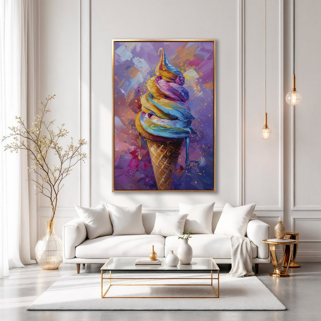 Framed Wall Art: Vibrant ice cream cone painting in a modern interior. Colorful abstract art with purple, blue, and yellow hues. Perfect for adding a pop of color!