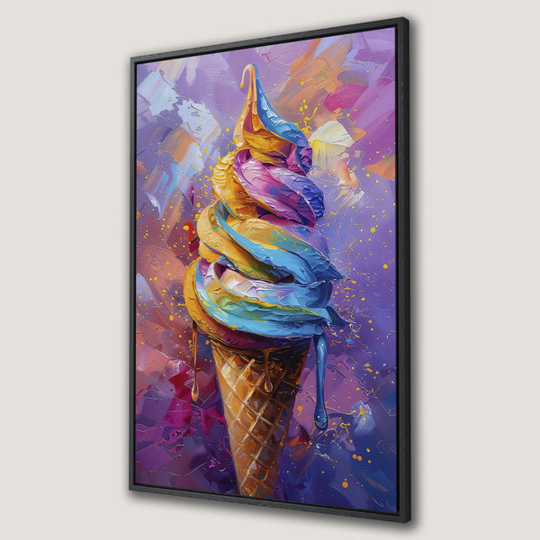 Framed Wall Art: Colorful abstract ice cream cone painting in vibrant purple, blue, pink, and yellow hues. Perfect for adding a pop of art to your space!