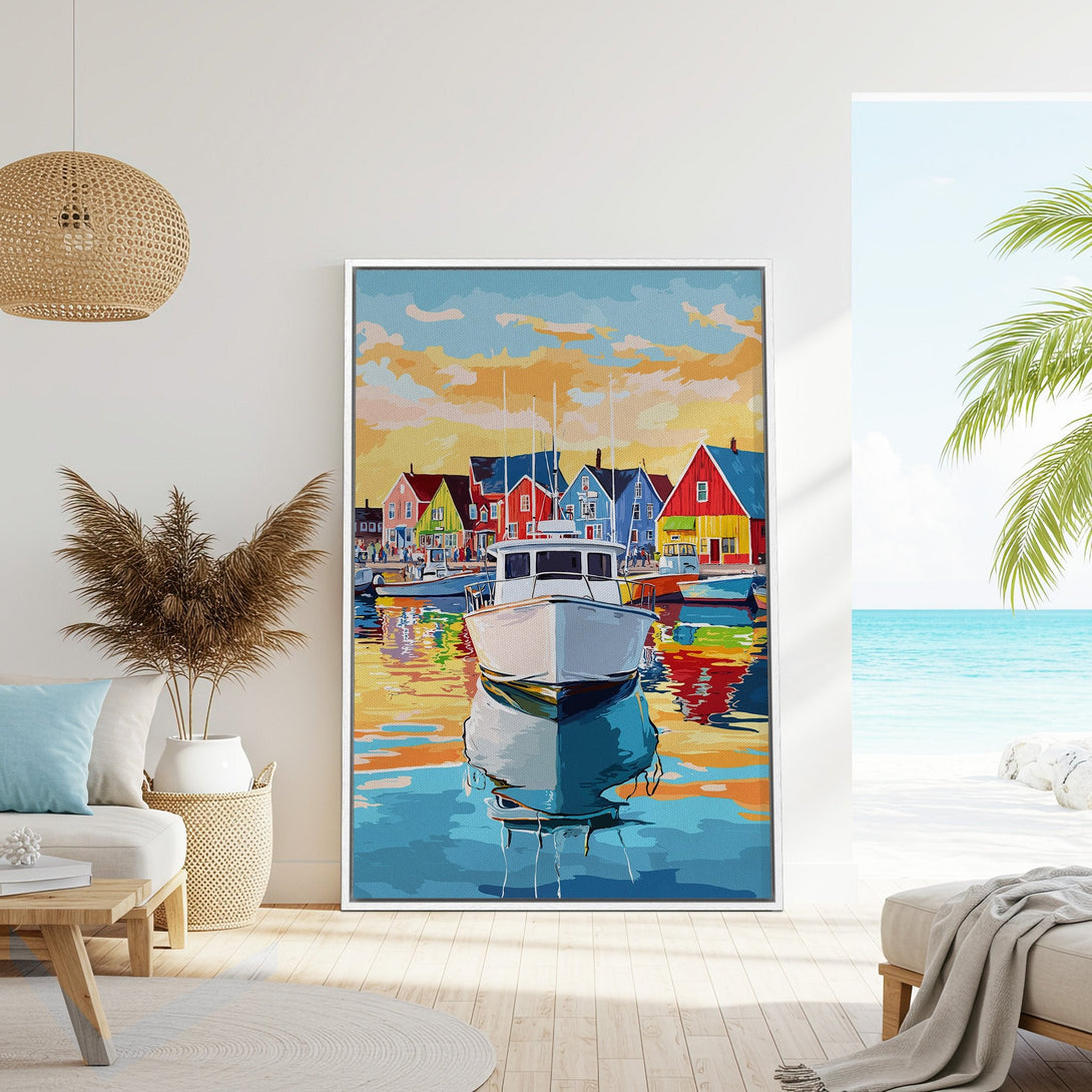 Framed Wall Art of a colorful harbor scene with a boat. Coastal style art in vibrant blues, yellows, and reds. Perfect for adding a pop of color!