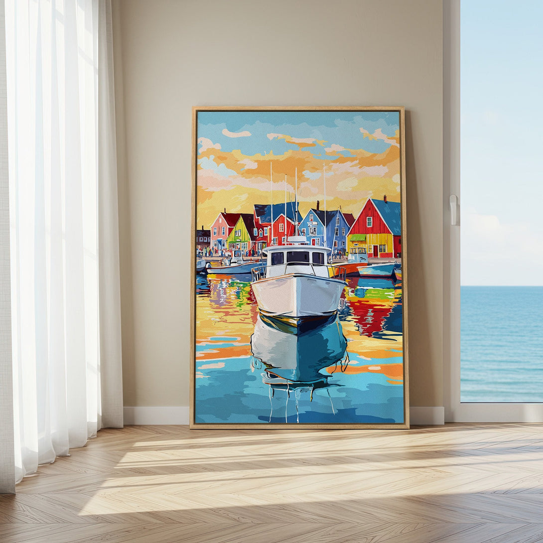 Framed Wall Art: Colorful coastal scene Canvas Print. Vibrant boat & harbor artwork with warm sunset hues, perfect for adding a pop of color to any room.