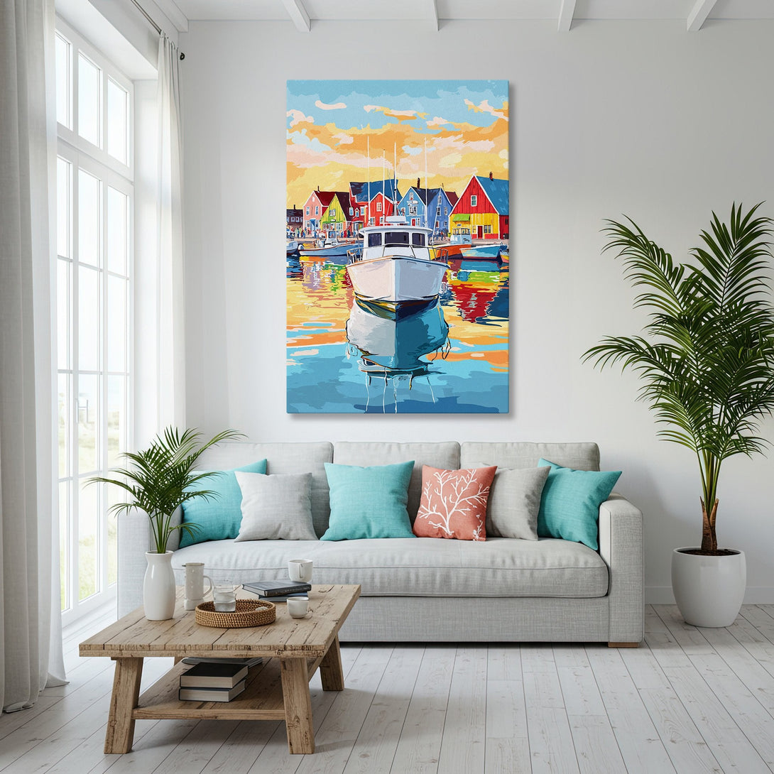 Framed Wall Art: Coastal harbor scene in vibrant colors. Enhance your space with this stunning canvas print, perfect for a nautical-themed decor.