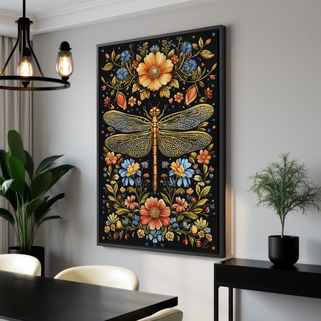 Framed Wall Art: Dragonfly Canvas Print in a botanical style with a black background and vibrant floral accents. Adds a touch of nature-inspired elegance to any space.