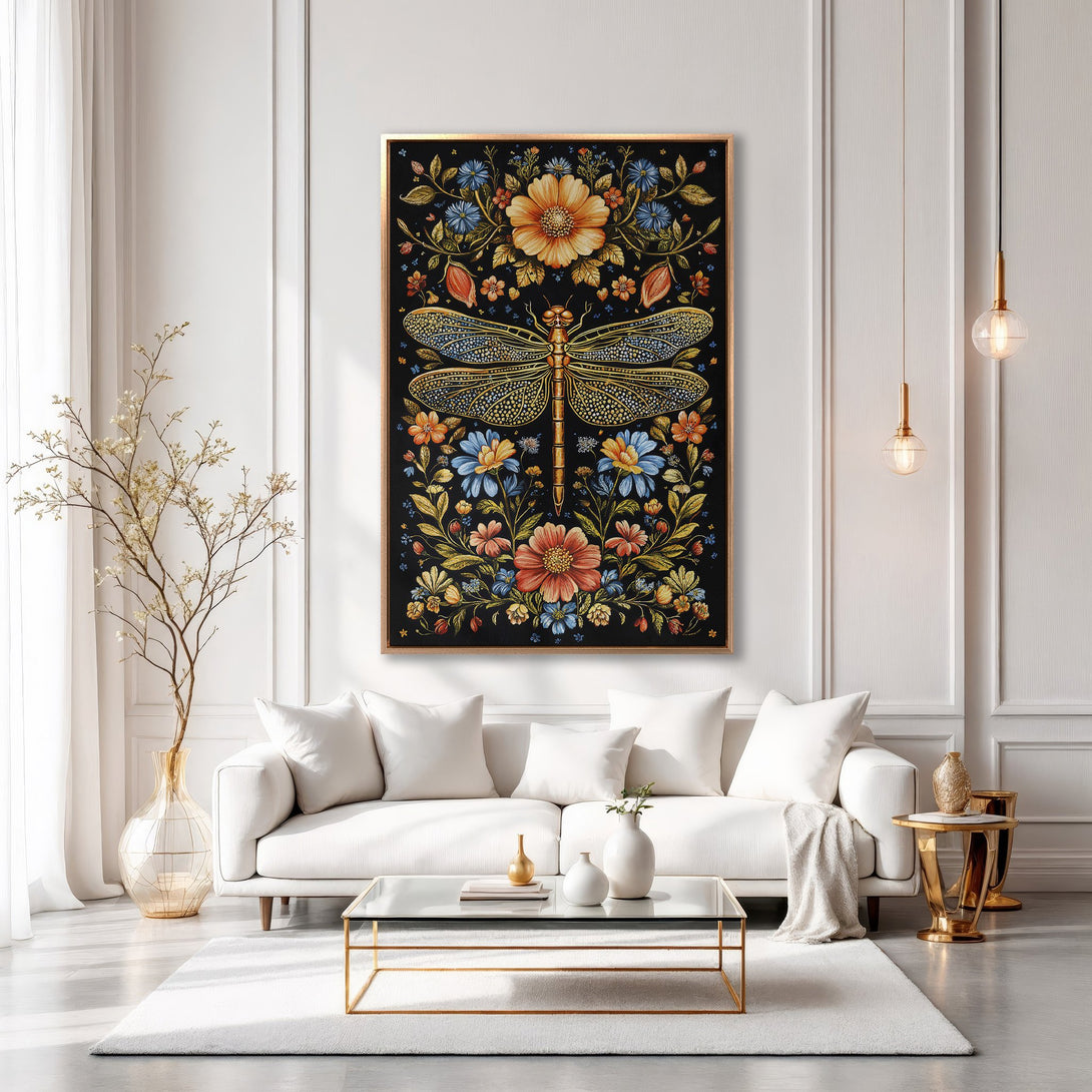 Framed Wall Art: Dragonfly Canvas Print in a modern interior. Featuring a floral design with a black background, gold accents, and a warm color palette.