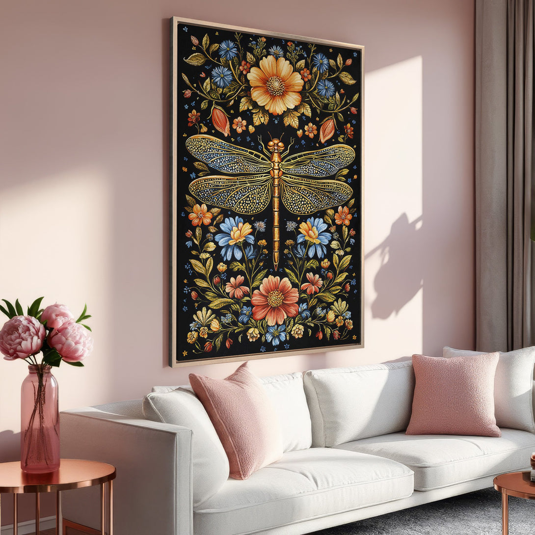 Framed Wall Art featuring a gold dragonfly and floral design on a black background. Warm, earthy tones complement the modern interior.