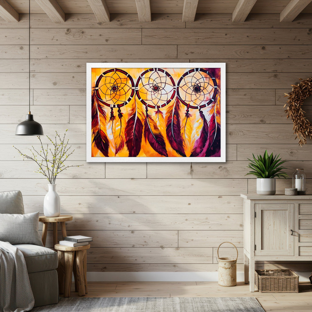 Framed Poster featuring dreamcatchers in a vibrant, warm color palette. Perfect wall art for bohemian decor. Shop now!