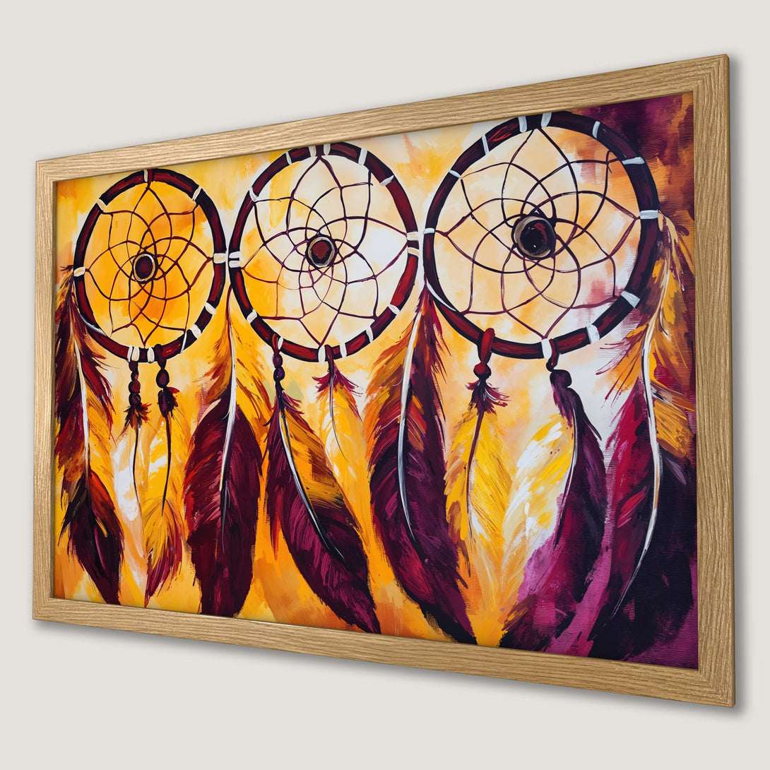 Framed Poster featuring vibrant dreamcatcher art in warm yellow, orange, and burgundy tones. Perfect wall decor!
