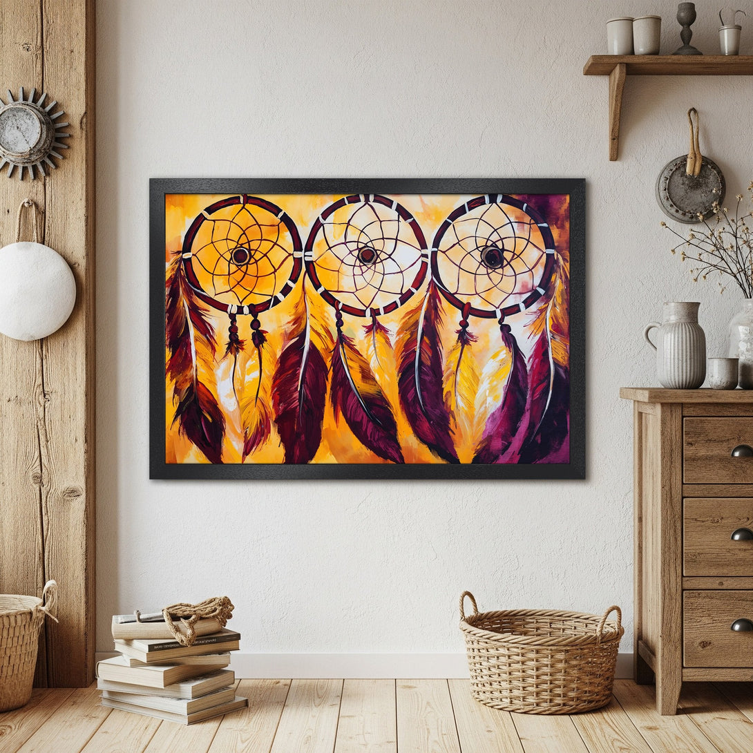 Framed Poster featuring dreamcatchers in warm yellow and purple tones, perfect wall art.