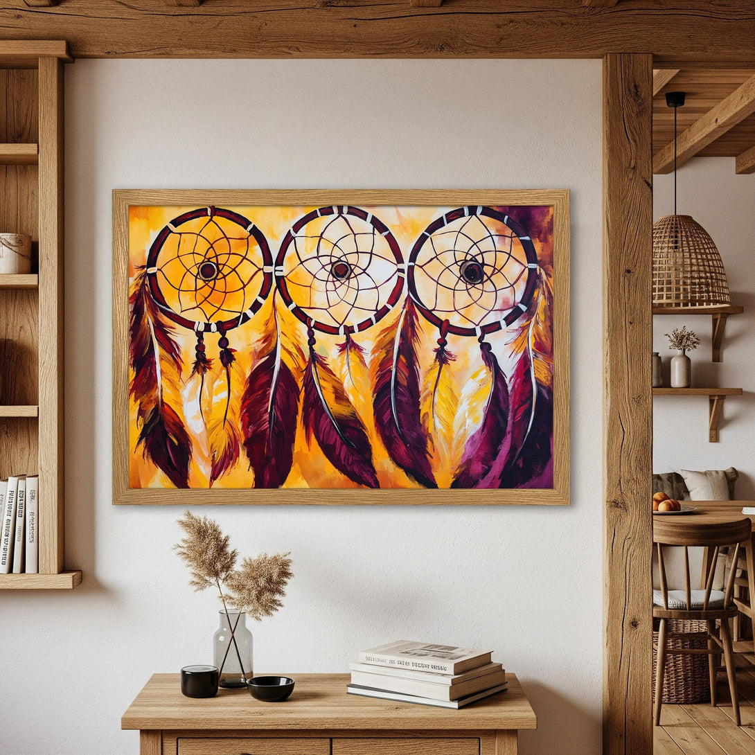 Framed Poster featuring dreamcatcher art in warm yellow, orange, and purple hues. Boho style wall art to elevate your space!