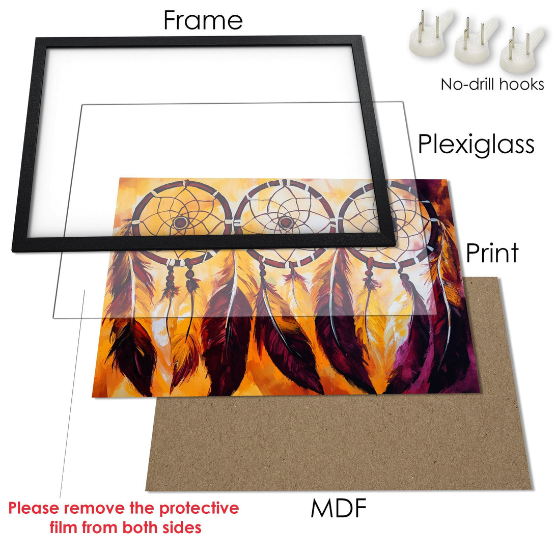 Framed Poster featuring dreamcatchers in warm orange and burgundy tones, perfect wall art for your home.