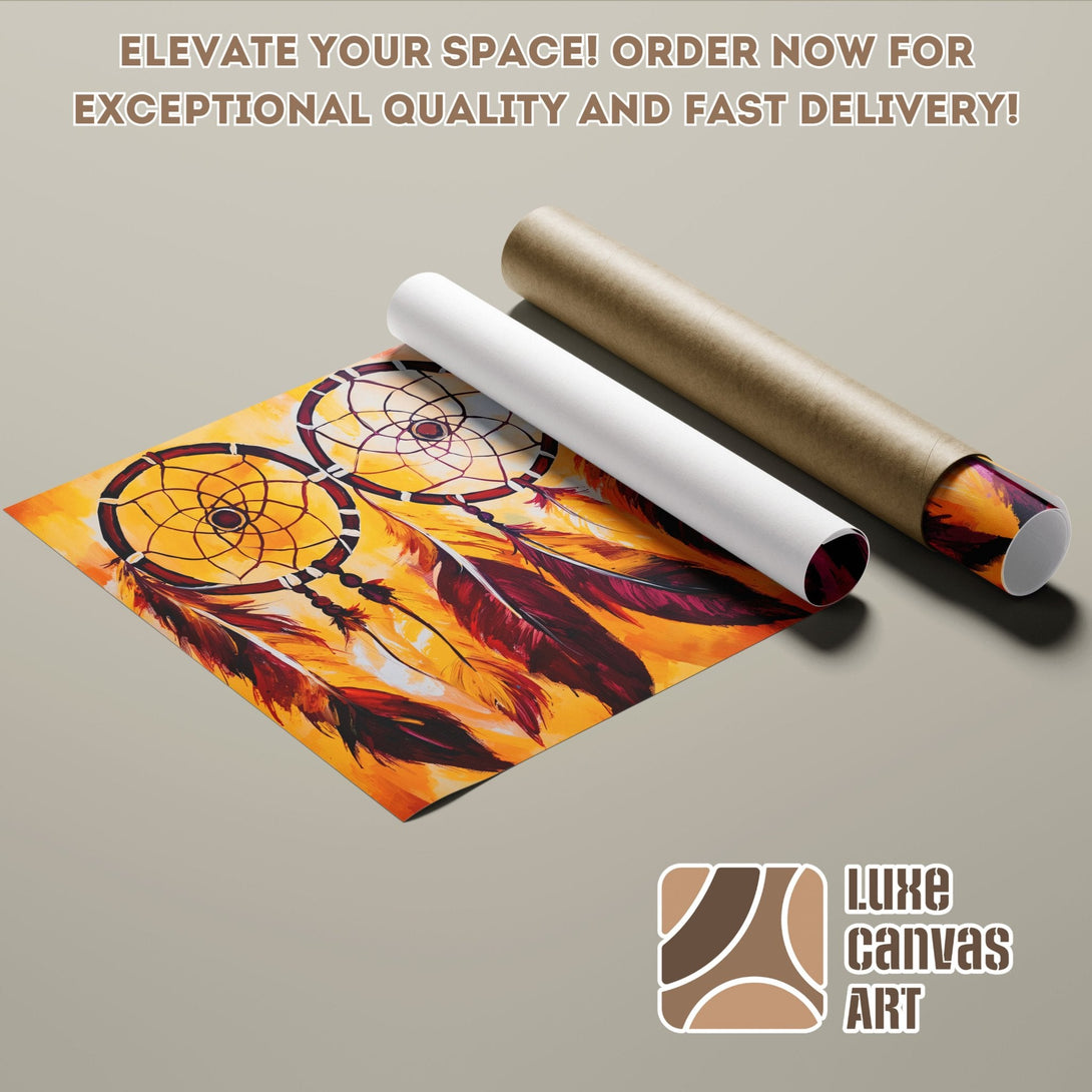Dreamcatcher Poster Roll in warm orange and red tones. Elevate your space with Luxe Canvas Art!