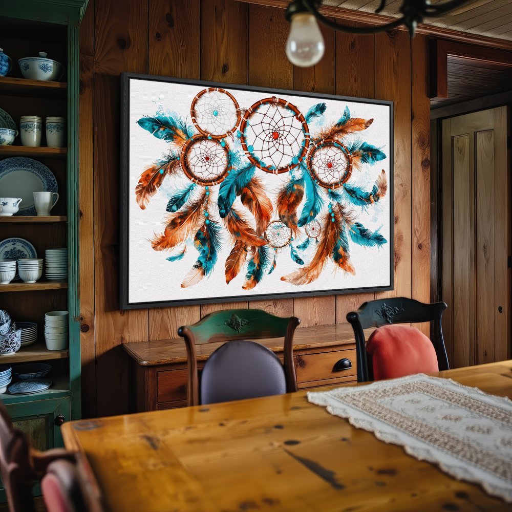 Framed Wall Art: Dreamcatcher canvas print with turquoise, brown & orange feathers. Boho decor for your home.