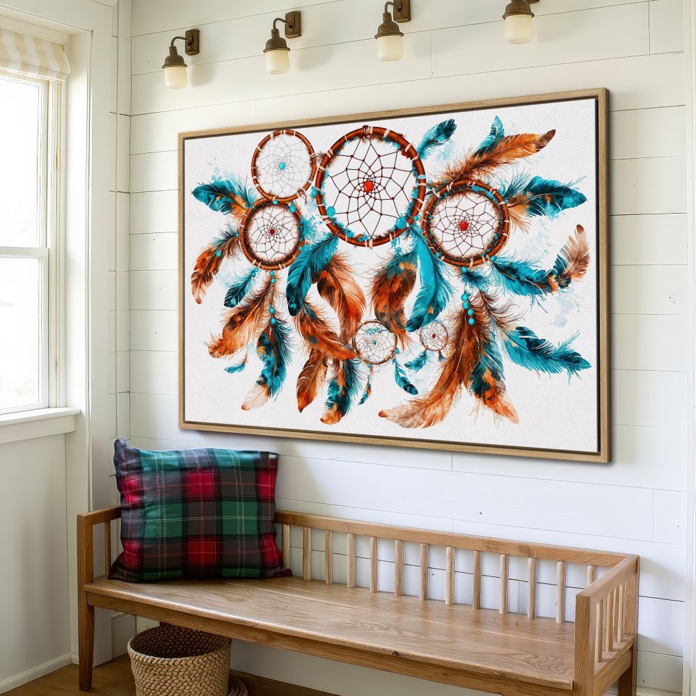 Framed Wall Art: Dreamcatcher Canvas Print with teal & brown feathers. Boho style artwork for home decor.