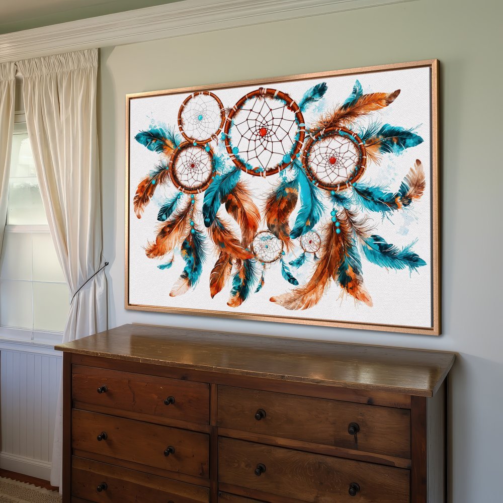 Framed Wall Art: Dreamcatcher Canvas Print with turquoise & copper feathers. Boho style home decor.