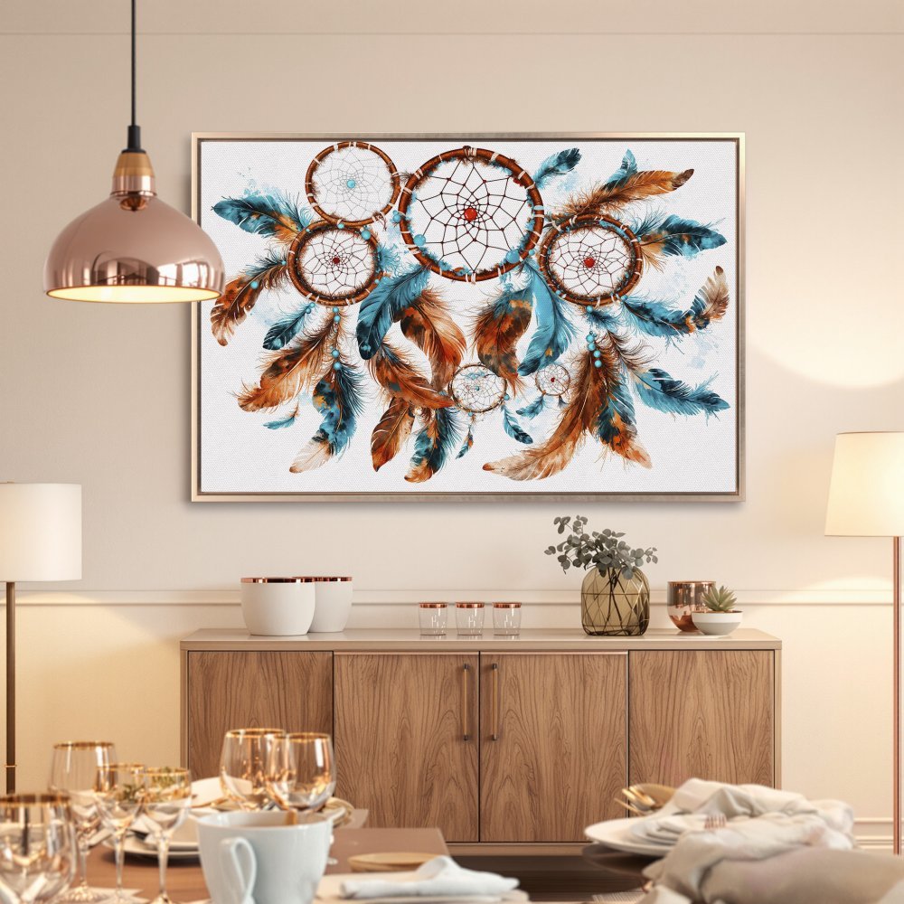 Framed Wall Art: Dreamcatcher print in blue and brown tones. Boho style canvas art perfect for living room or bedroom decor.