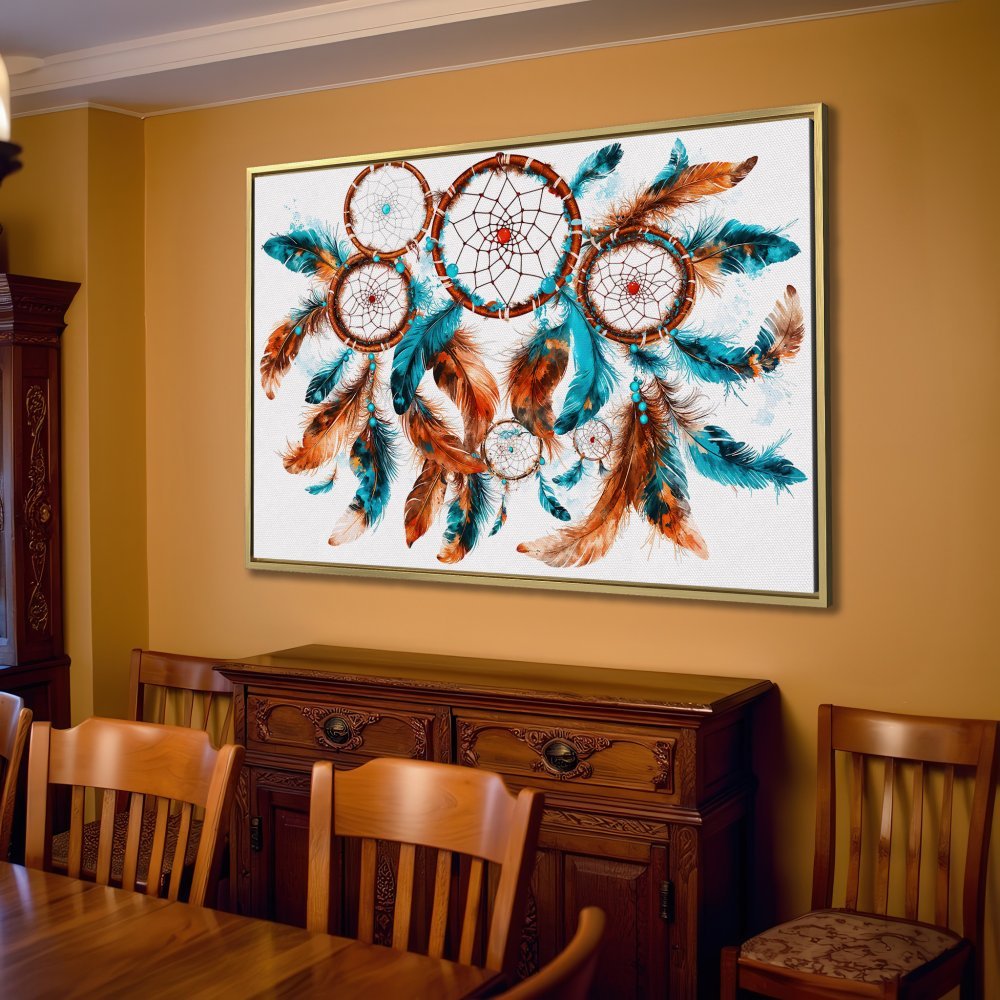 Canvas Print of a dreamcatcher in bohemian style, featuring brown, teal, and white feathers. Perfect wall art for your living room!