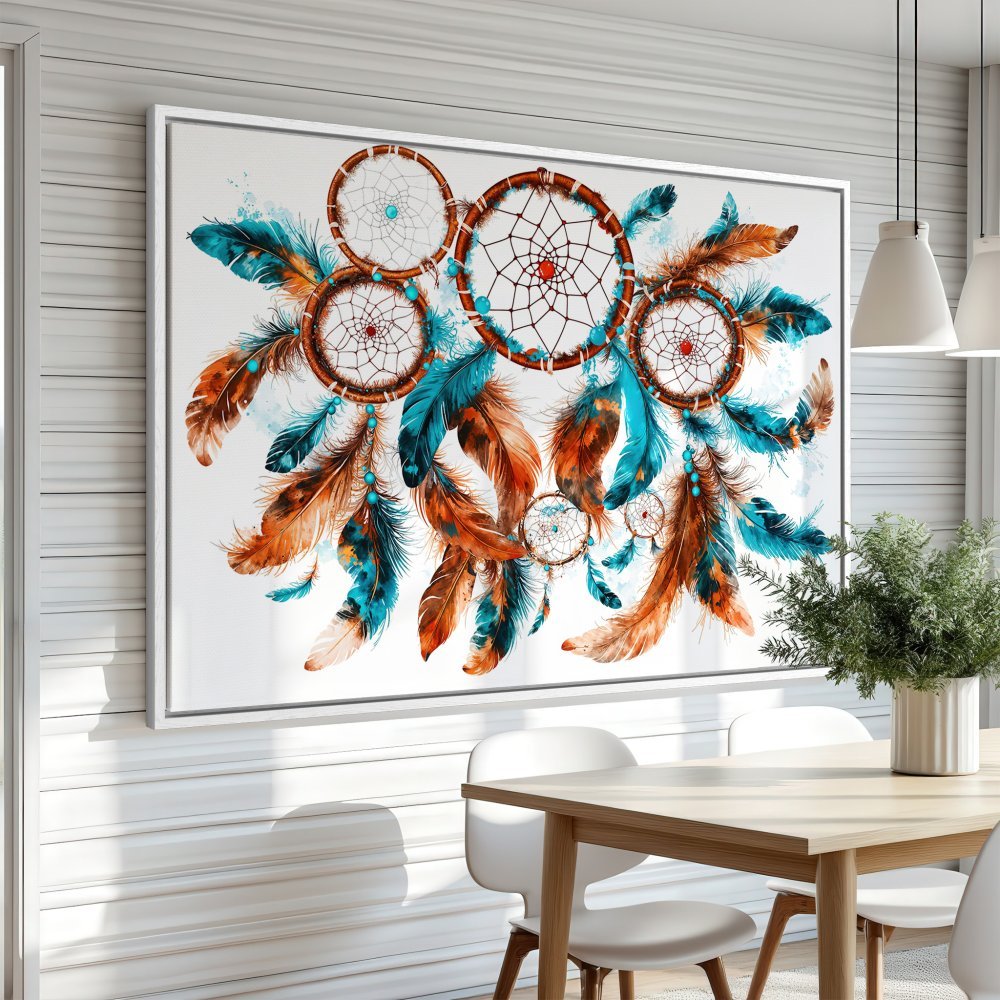 Framed Wall Art: Dreamcatcher print with teal, orange, and brown feathers. Boho style canvas art perfect for living rooms and bedrooms.