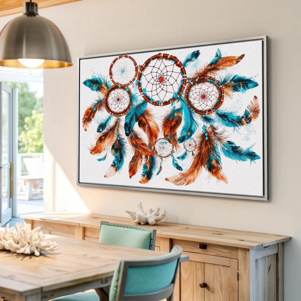 Canvas Print of dreamcatchers in watercolor style. Features a turquoise and brown color palette, perfect for boho decor.