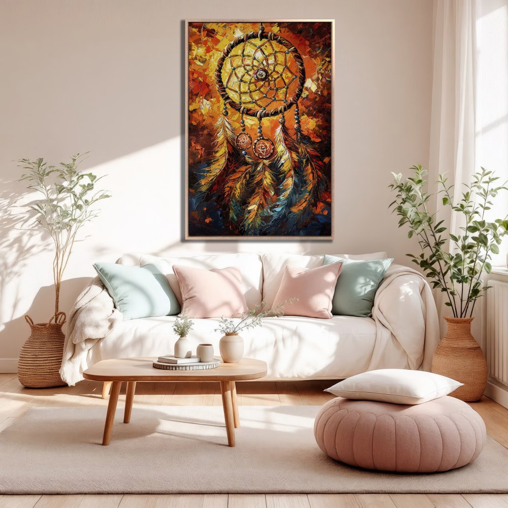 Framed Wall Art: Dreamcatcher painting with warm, earthy tones. Perfect for boho decor! Add a touch of art to your living room.