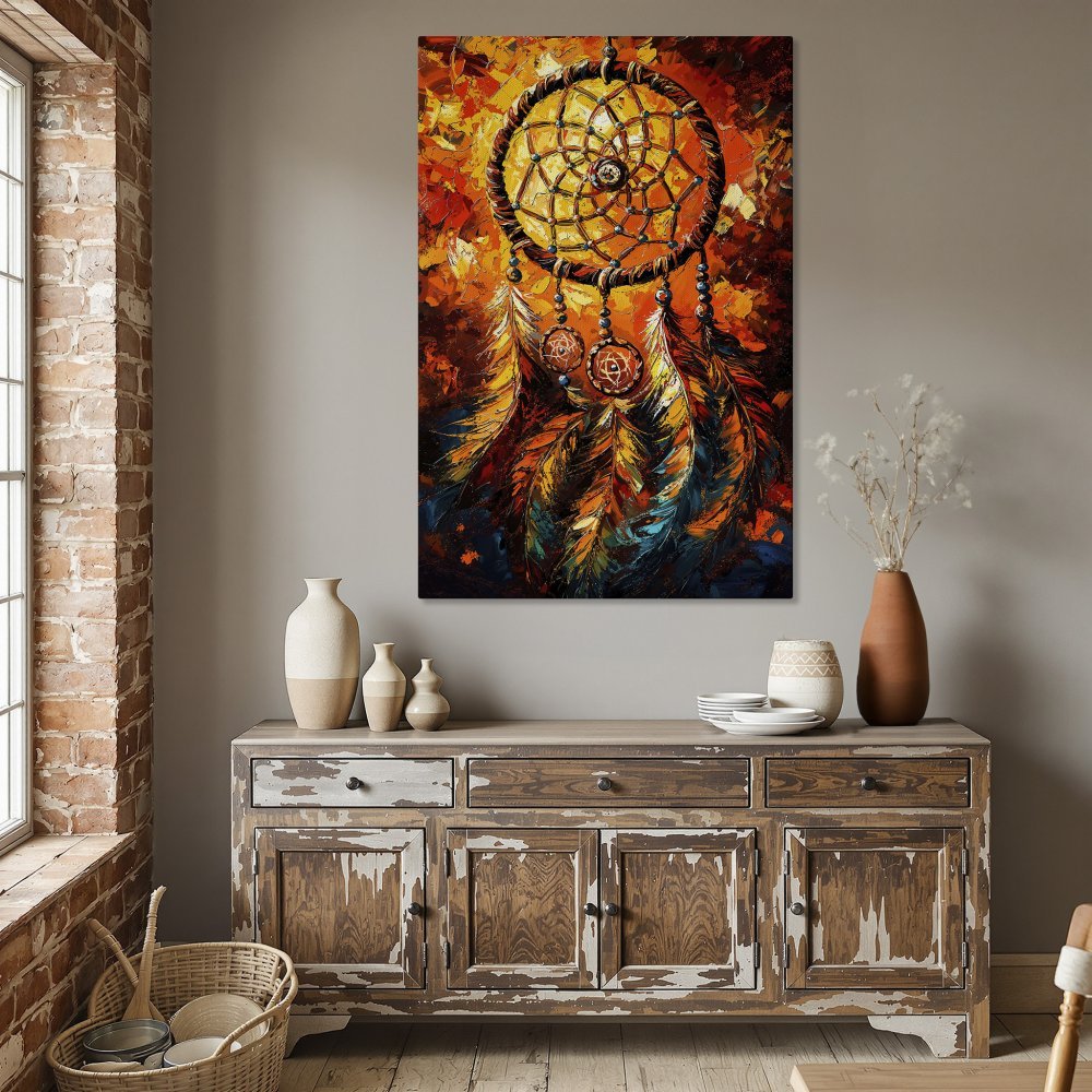 Framed Wall Art: Dreamcatcher painting in warm orange and red tones. Boho style canvas print adds a touch of art to any room.
