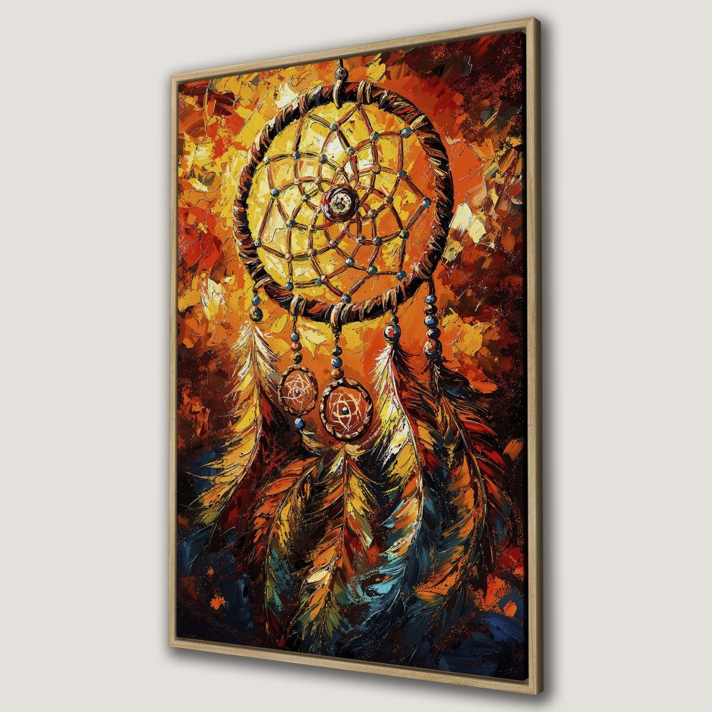 Framed Wall Art: Dreamcatcher painting in warm orange and yellow tones. Add bohemian flair to your space with this stunning canvas print!