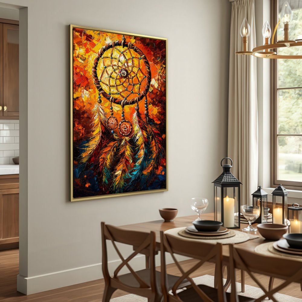 Canvas Print of a vibrant dreamcatcher painting. Warm orange, yellow, and brown tones. Perfect bohemian wall art for your home.