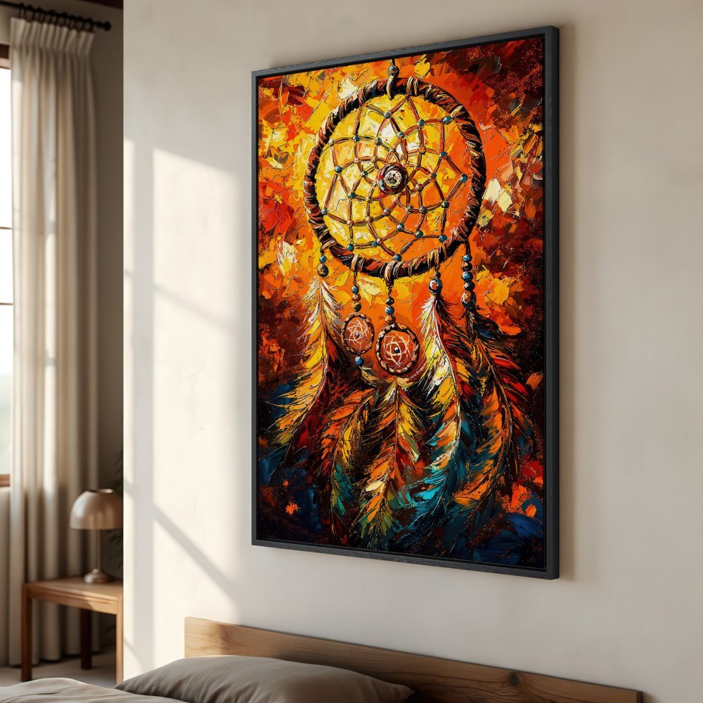 Framed Wall Art: Dreamcatcher painting in warm orange & brown tones. Add bohemian flair with this textured canvas print!