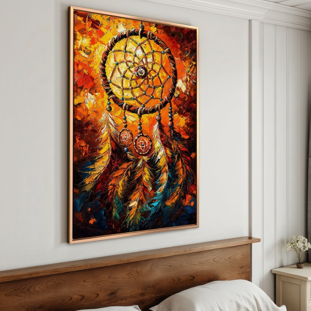 Framed Wall Art: Dreamcatcher painting in vibrant orange and blue hues. Add bohemian flair with this textured canvas print!