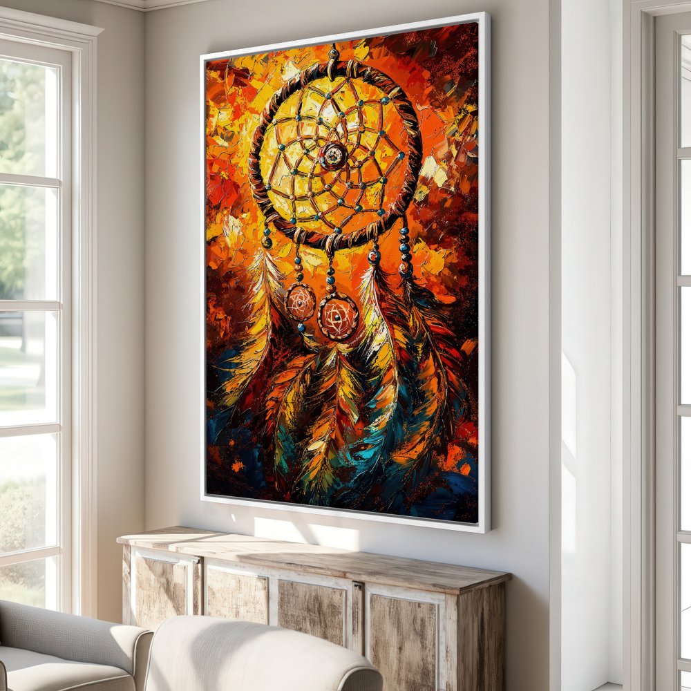 Framed Wall Art: Dreamcatcher painting in warm orange and yellow tones. Adds a touch of boho style to any living room. Shop now!