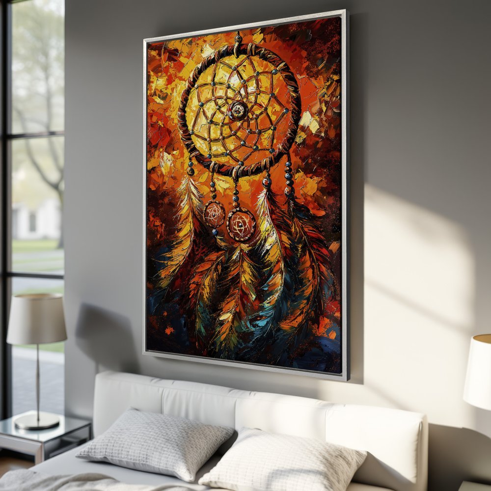 Framed Wall Art: Dreamcatcher painting in warm orange and brown tones. Textured, artistic style. Perfect for bedroom decor!