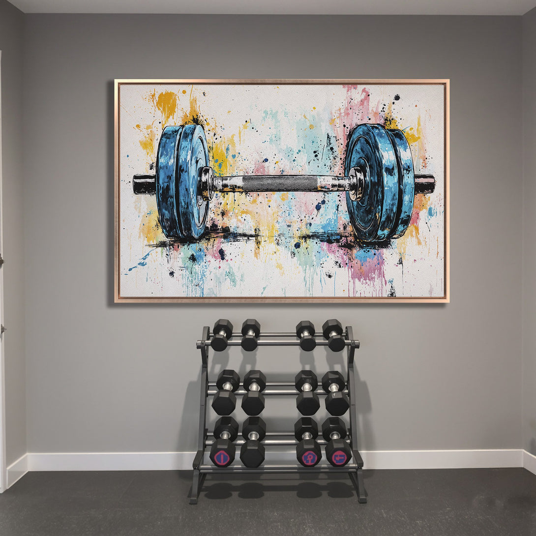 Framed Wall Art: Abstract barbell painting in blue, yellow, and pink. Modern fitness decor for your home gym.